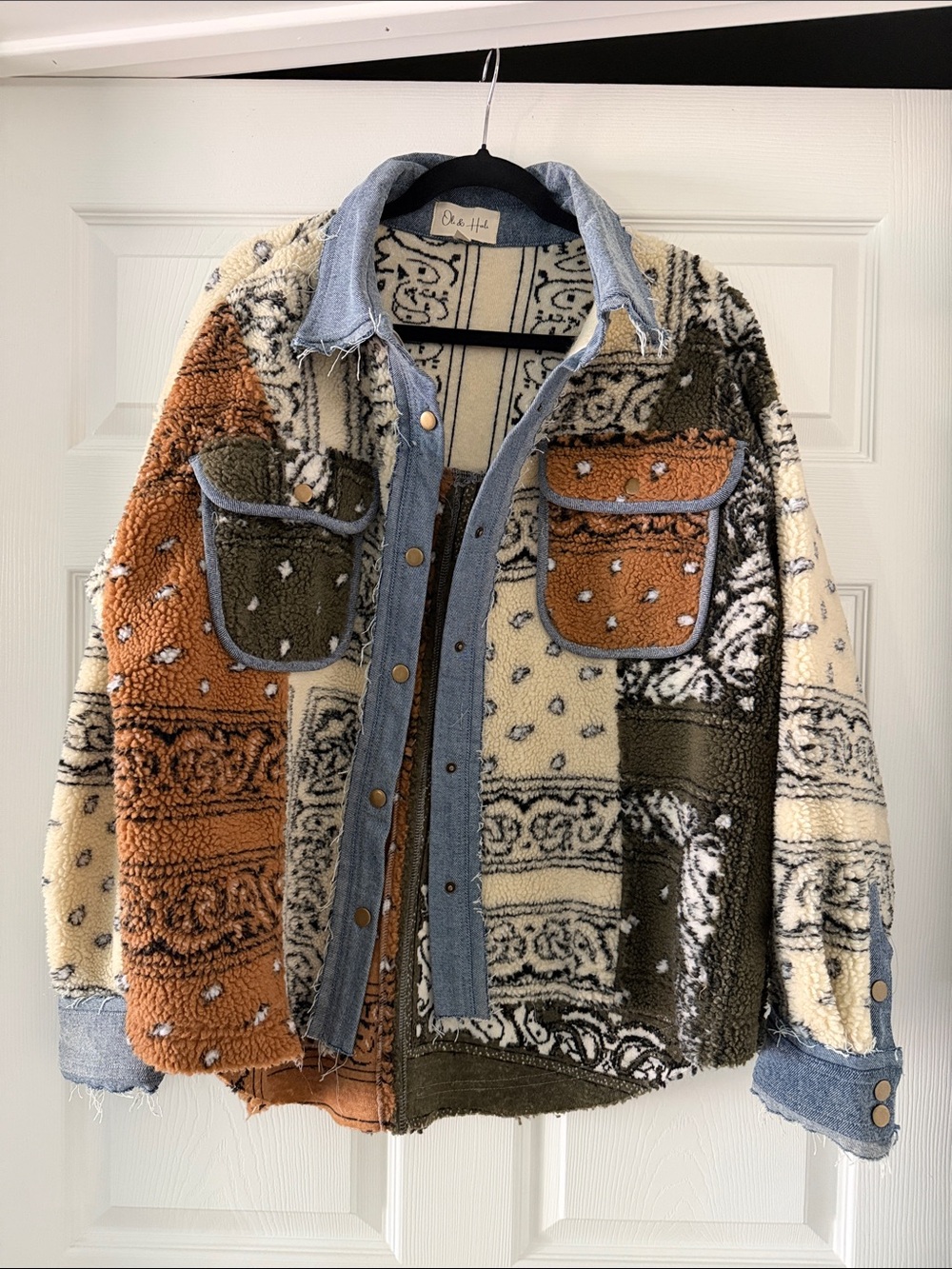 Oli & Hali Patchwork Sherpa Bomber Jacket in Cream, Olive & Rust